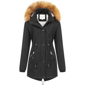 Women's Dark Grey Insulated Jacket Soft Fleece Snow Faux Fur Coat